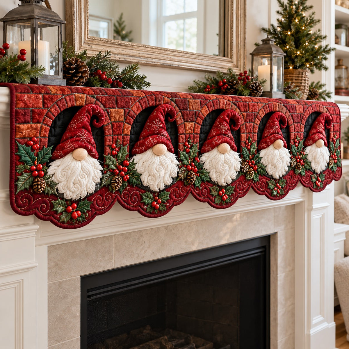Brick Arch Red Gnomes Quilted Mantel Scarf SN0TV997