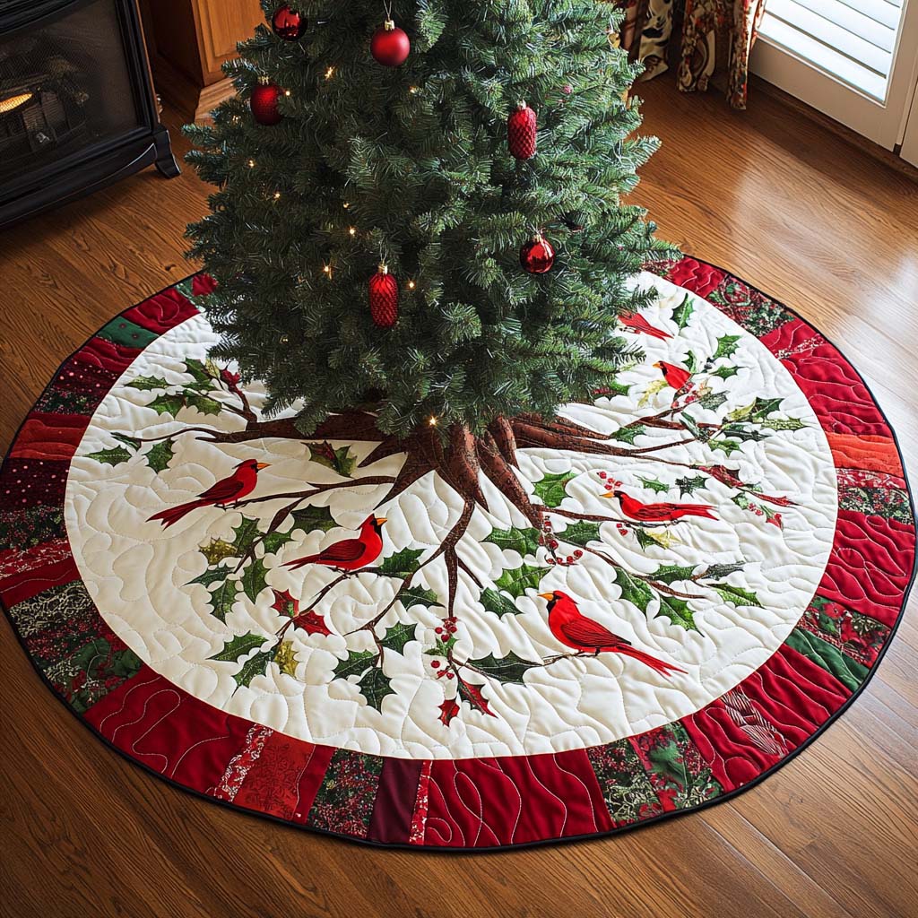 Bright Cardinal Blessings Christmas Quilted Tree Skirt NCU0DK1656