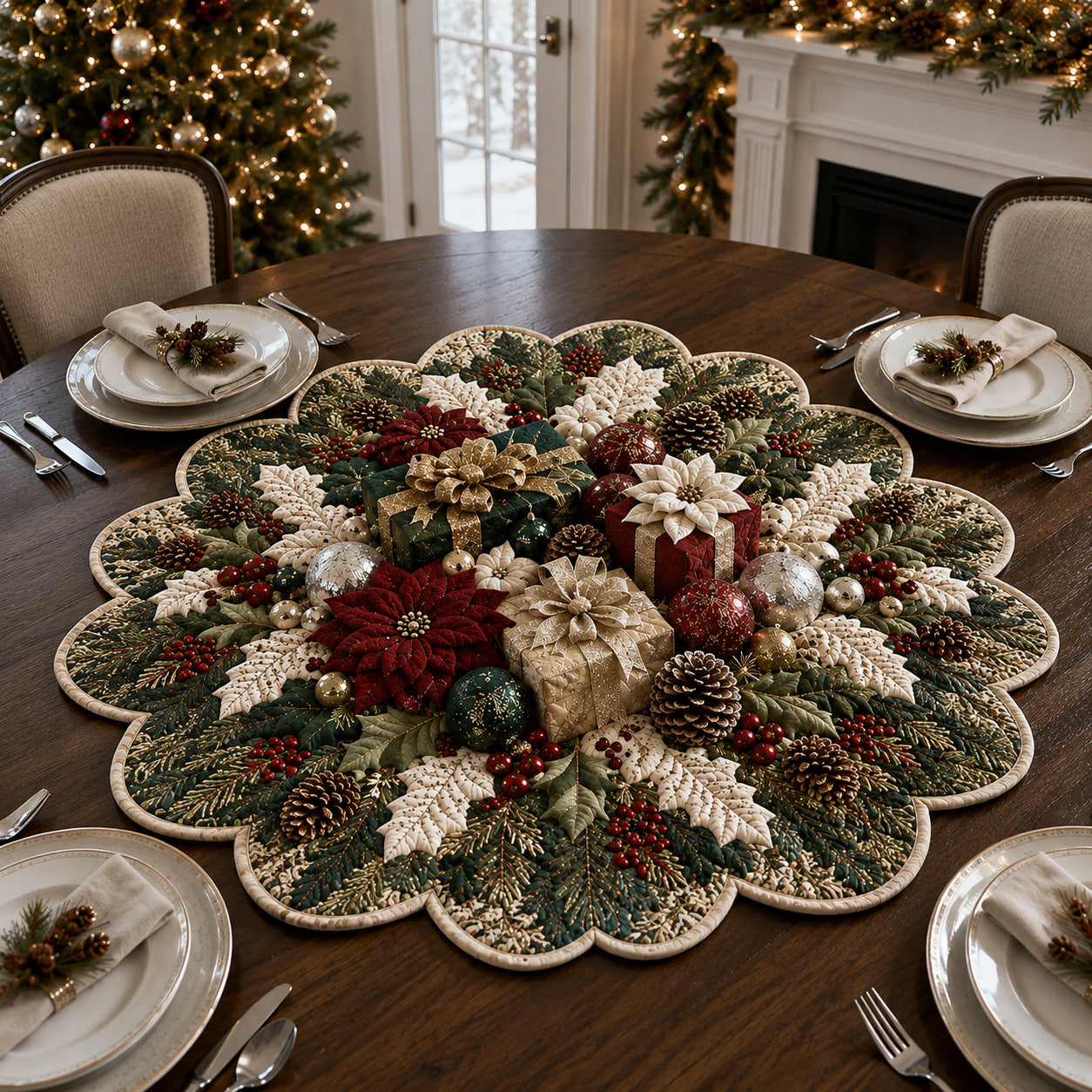 Burgundy Gift Wreath Custom Shape Quilted Table Topper SN0DV353