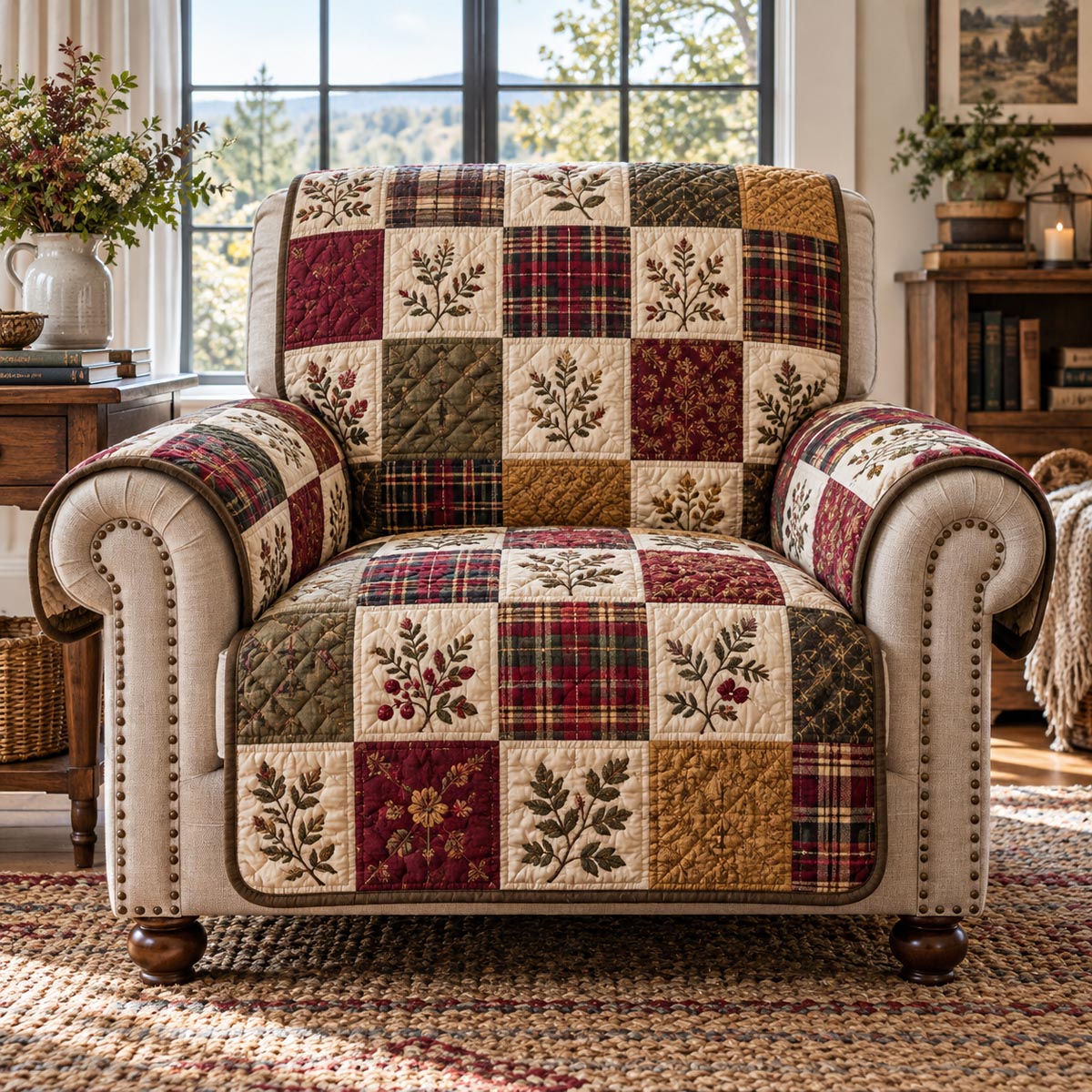 Burgundy Country Squares Quilted Sofa Cover SN0DV1055