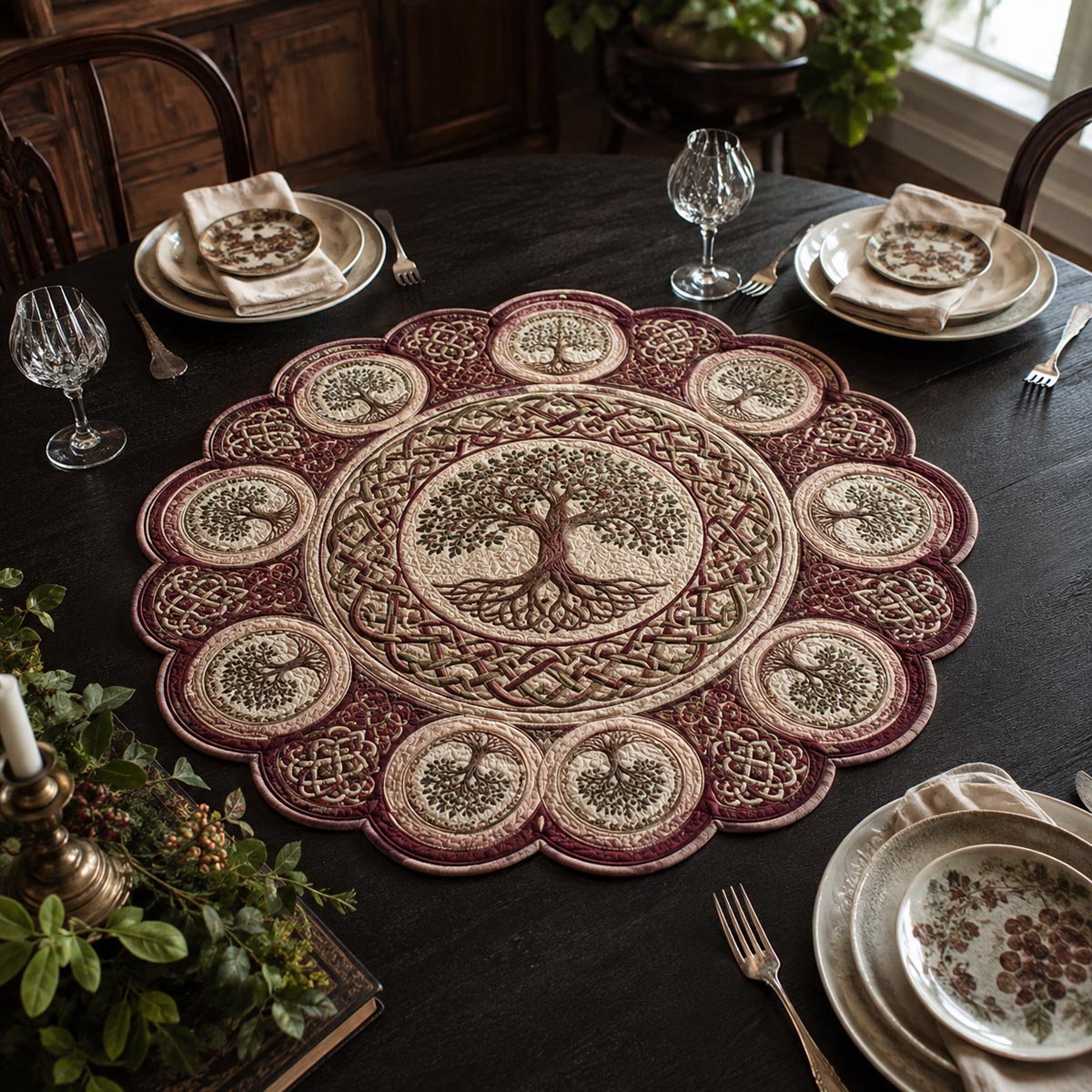 Burgundy Tree Medallion Custom Shape Quilted Table Topper SN0DV404