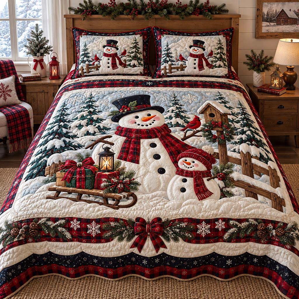 Cabin Snowman 3-Piece Quilted Bedding Set SN0HH0619