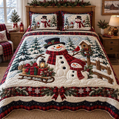 Cabin Snowman 3-Piece Quilted Bedding Set SN0HH0619