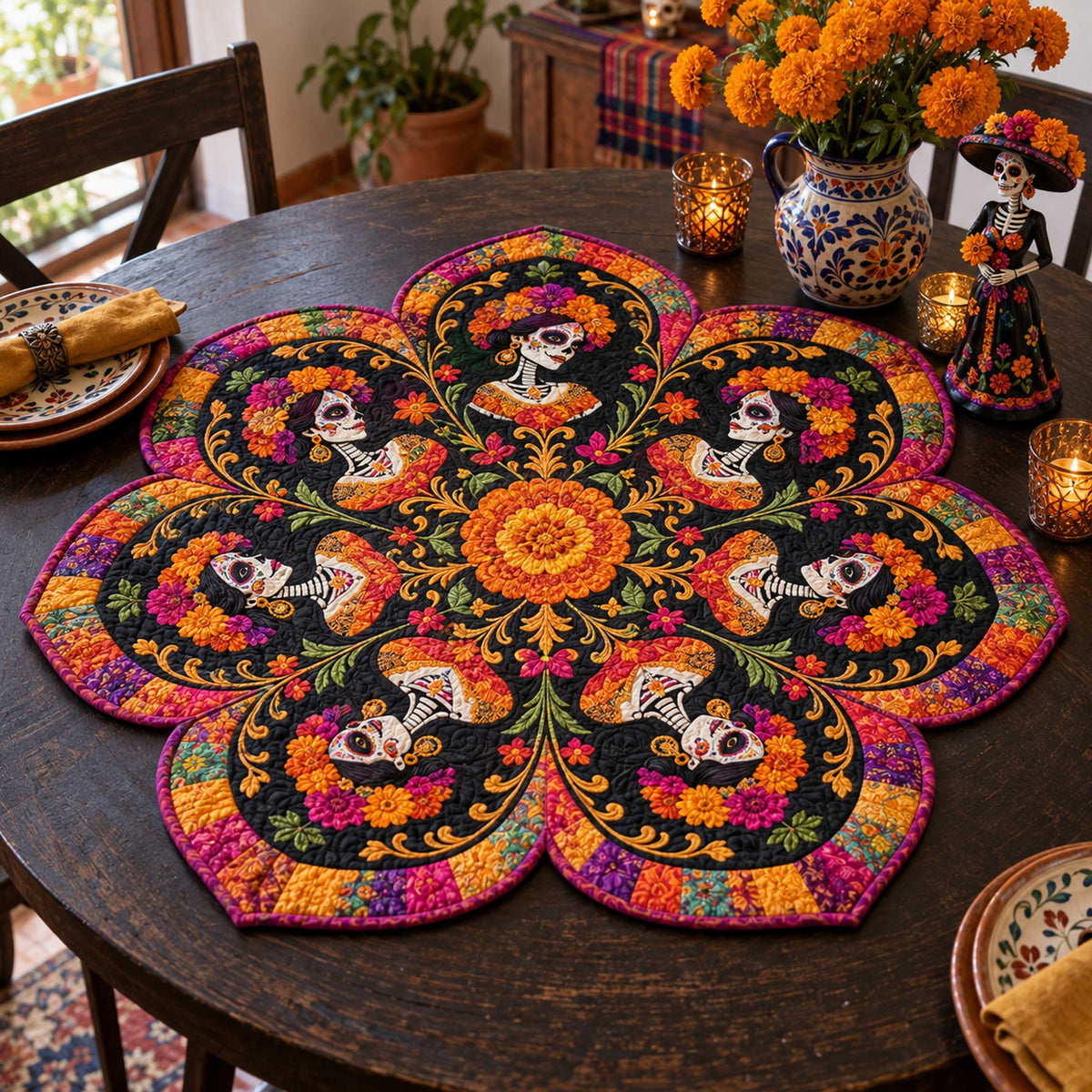 Calavera Celebration Custom Shape Quilted Table Topper SN0TD670