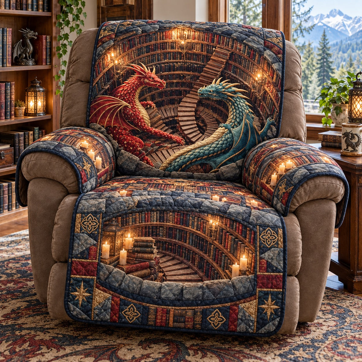 Candlelit Library Dragons Quilted Sofa Cover SN0PT1466