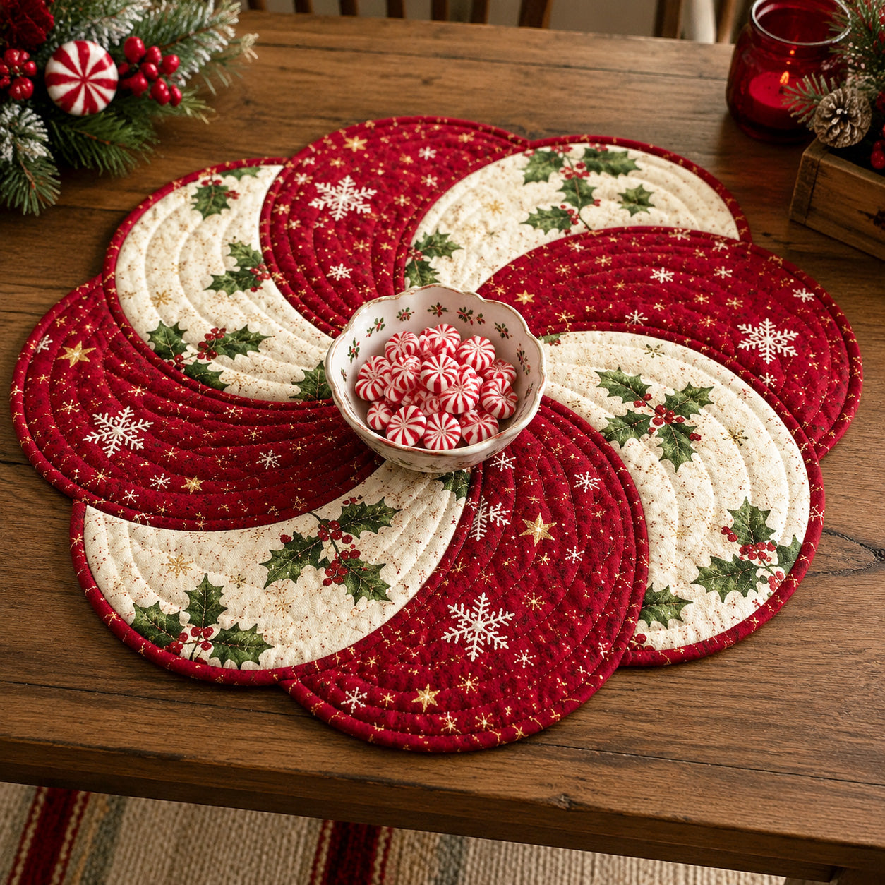 Candy Cane Bloom Custom Shape Quilted Table Topper SN0TV130