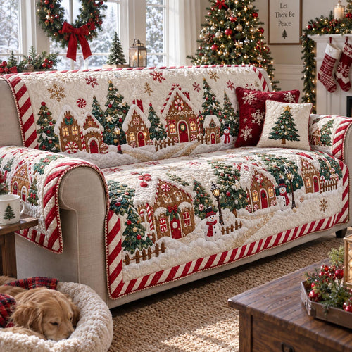 Candy Cane Christmas Village Quilted Sofa Cover SN0DV647