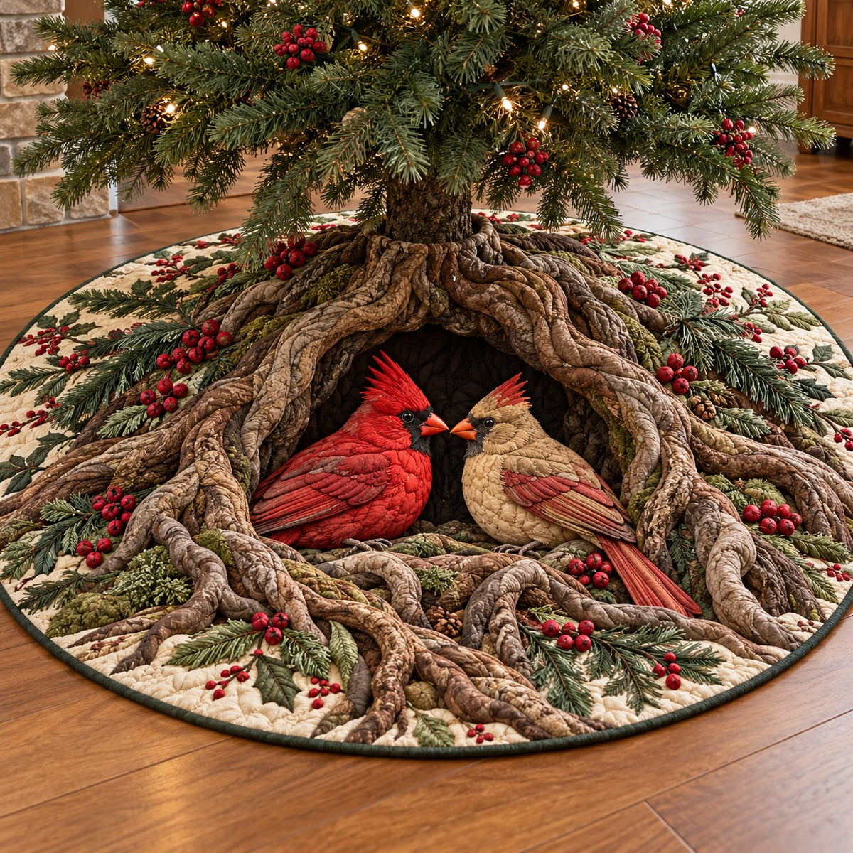 Cardinal Couple Tree Hollow Quilted Tree Skirt SN0TV1046