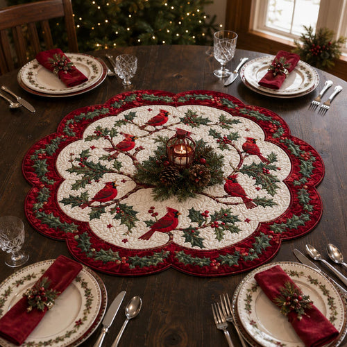 Cardinal Holly Wreath Custom Shape Quilted Table Topper SN0DV447
