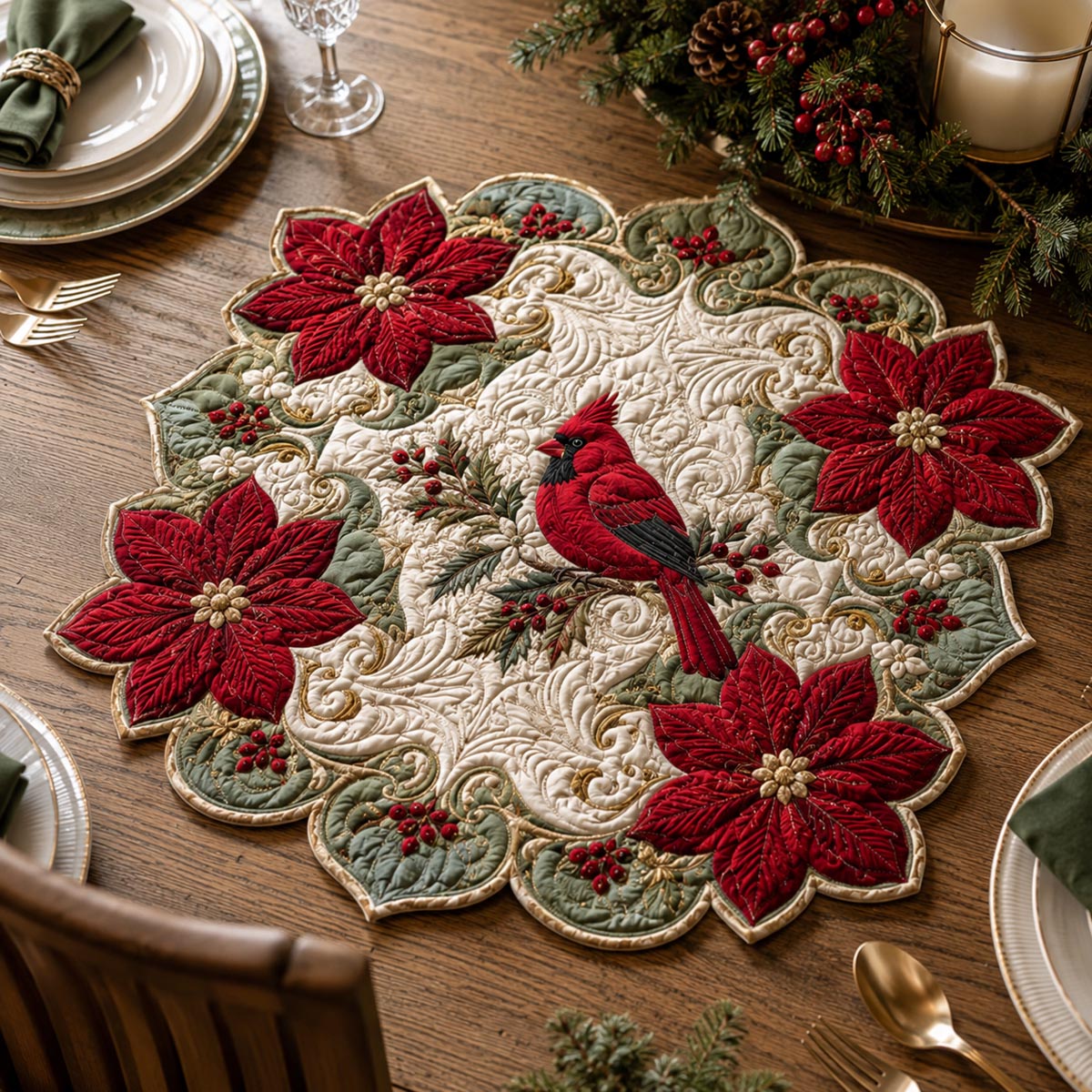 Cardinal Poinsettia Custom Shape Quilted Table Topper SN0DV416