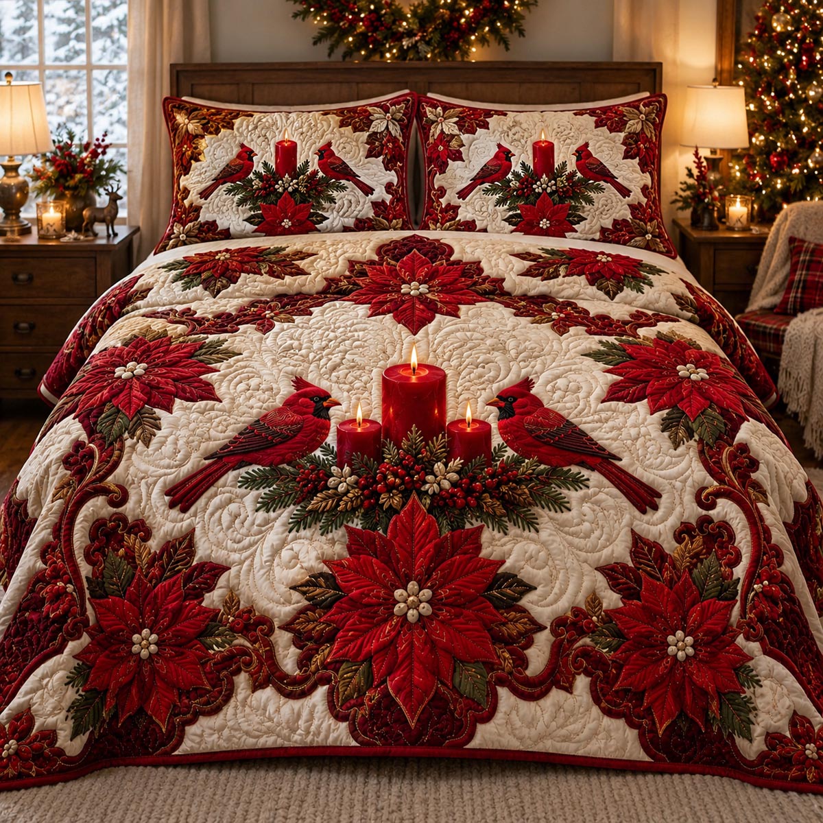Cardinal Poinsettia Grace 3-Piece Quilted Bedding Set SN0DV722
