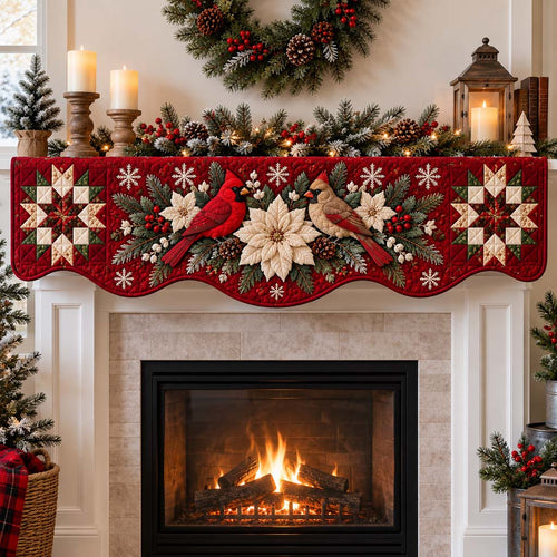 Cardinal Winter Poinsettia Quilted Mantel Scarf SN0HH0561