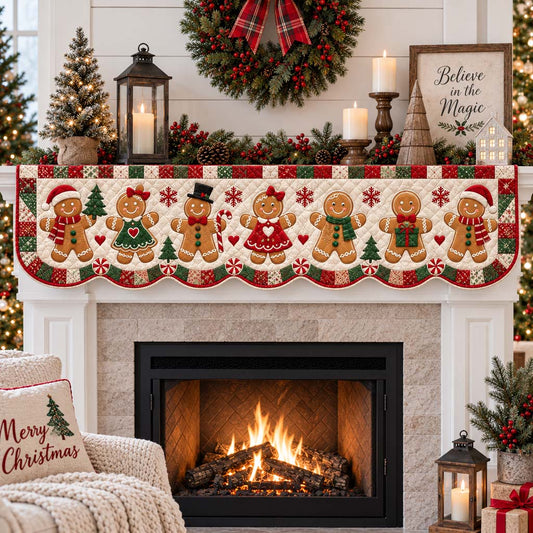 Cheerful Gingerbread Family Quilted Mantel Scarf SN0HH0319