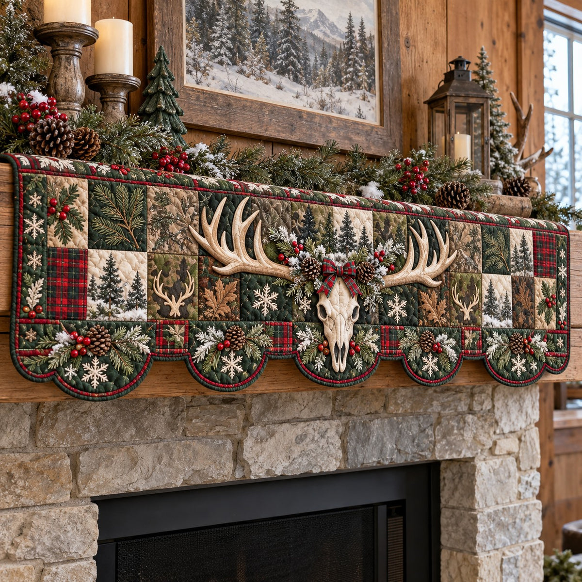 Christmas Berry Antler Skull Quilted Mantel Scarf SN0TV1044