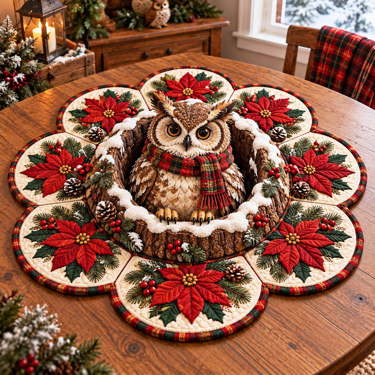 Christmas Owl Custom Shape Quilted Table Topper SN0TD914
