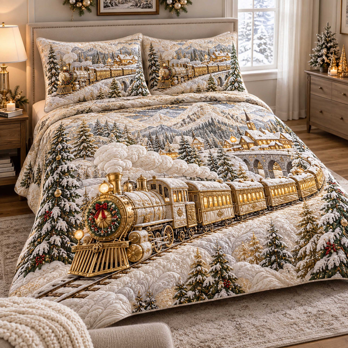 Christmas Railroad 3-Piece Quilted Bedding Set SN0TD756