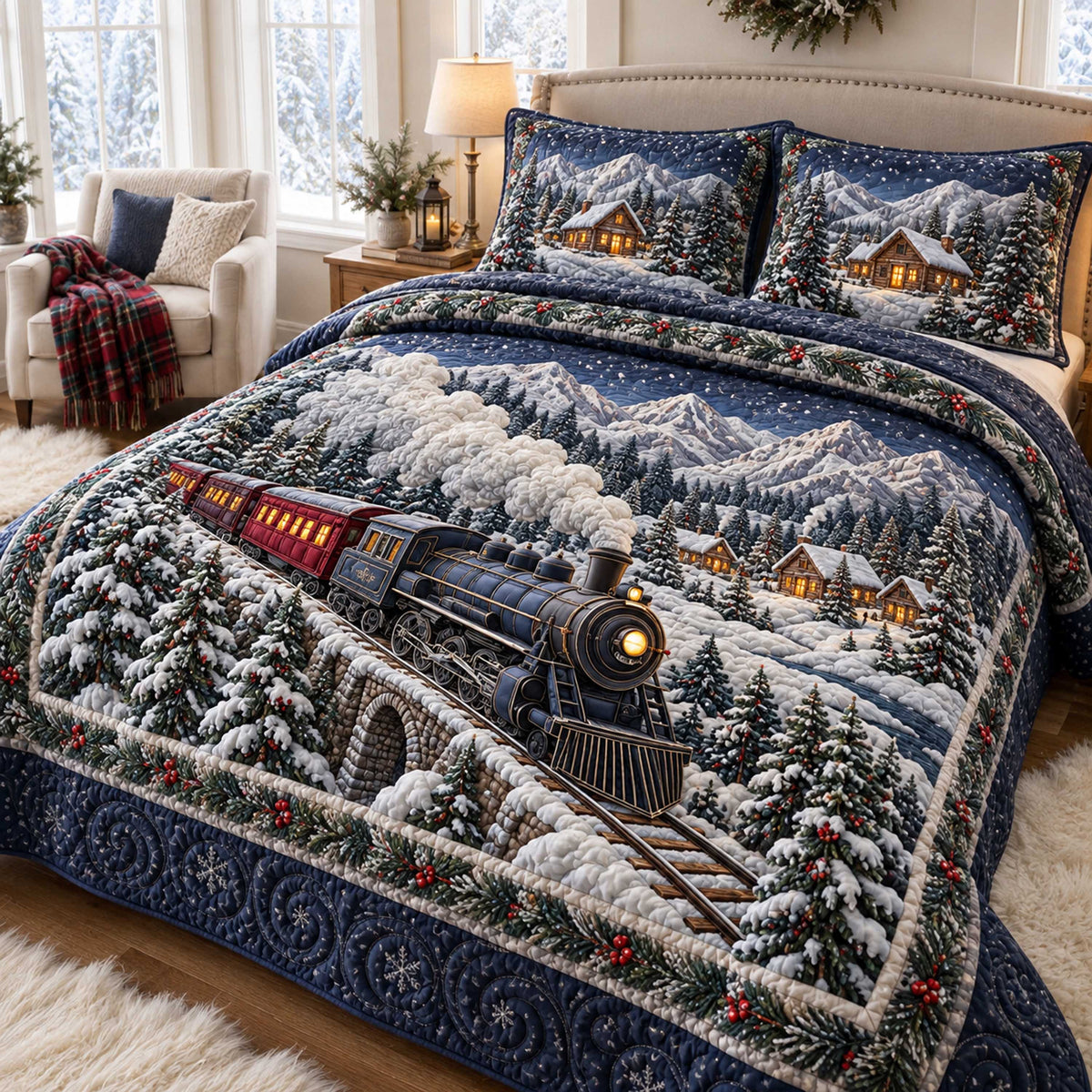 Christmas Railway 3-Piece Quilted Bedding Set SN0TD750