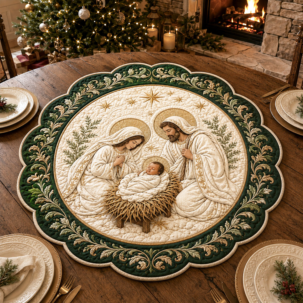 Christmas Reverence Custom Shape Quilted Table Topper SN0TV140