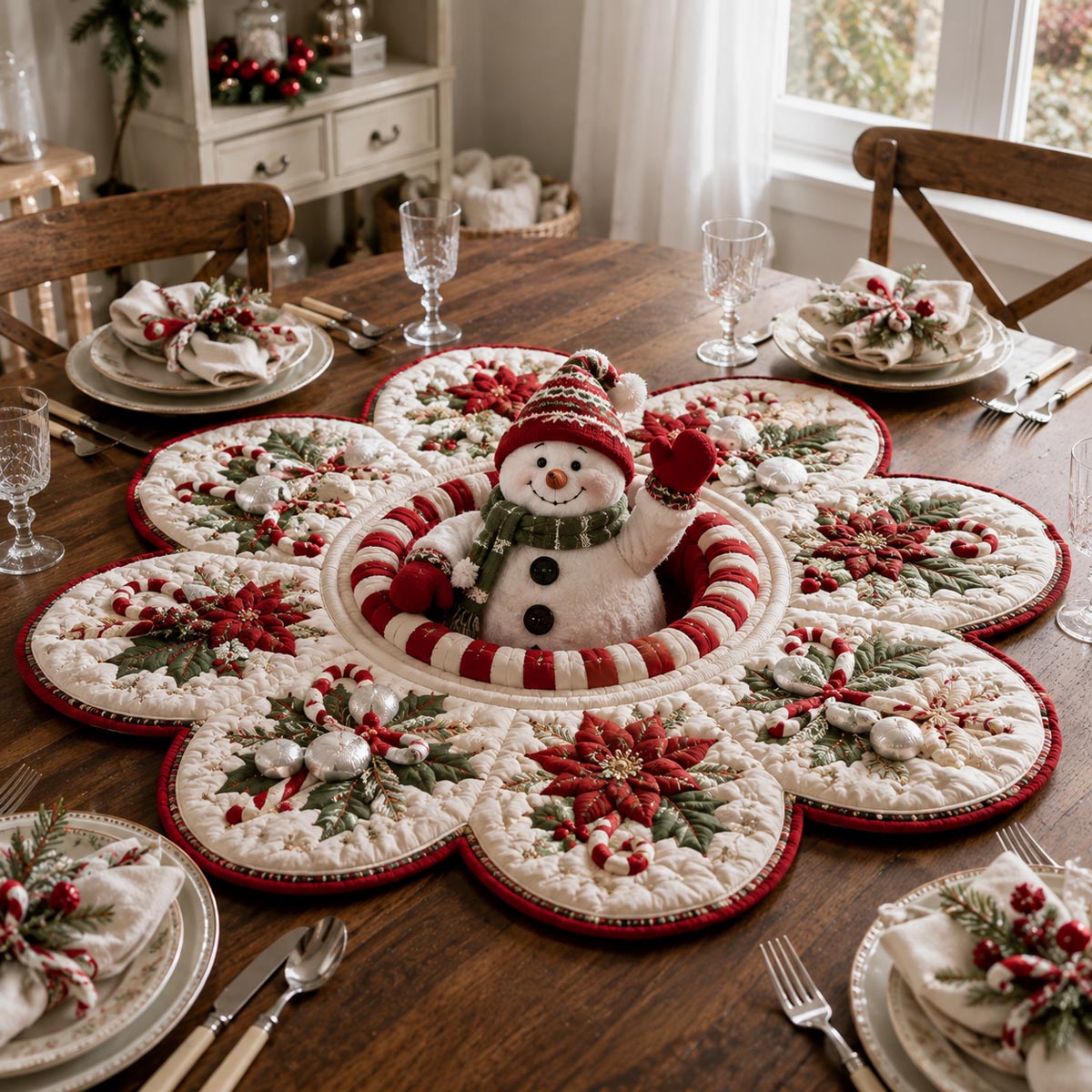 Christmas Snowman Bloom Custom Shape Quilted Table Topper SN0DV339
