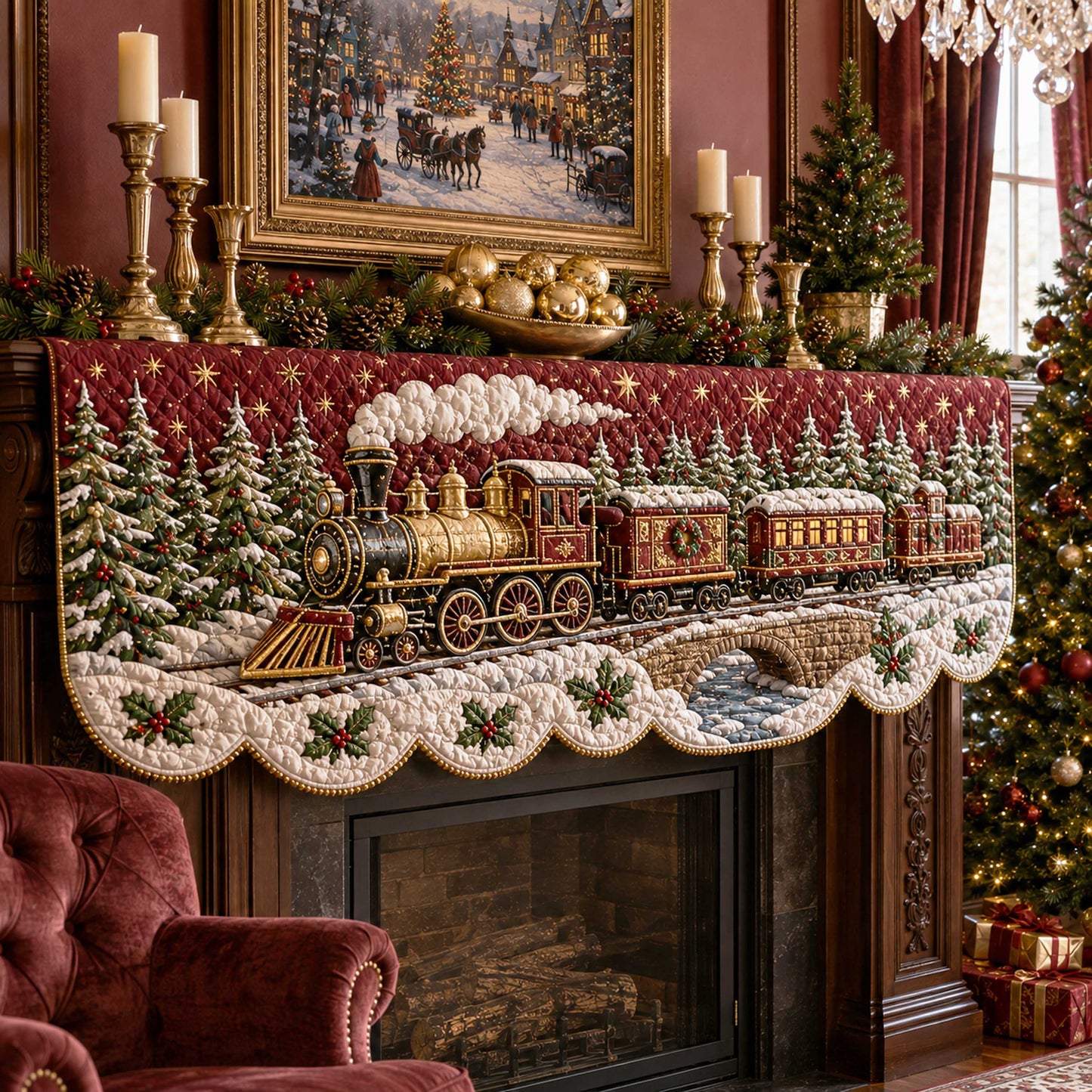 Christmas Train Quilted Mantel Scarf SN0TD198