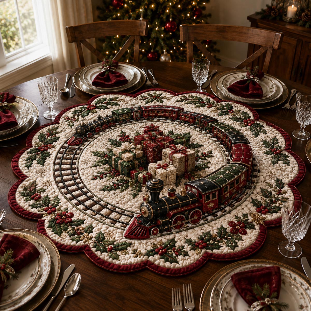 Christmas Train Wreath Custom Shape Quilted Table Topper SN0DV448