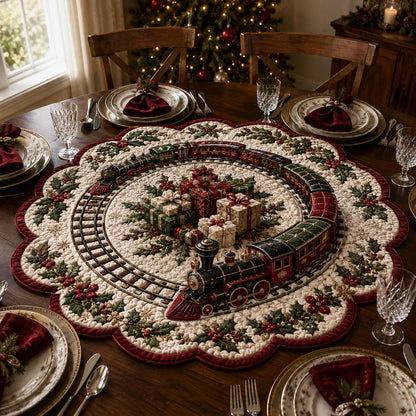 Christmas Train Wreath Custom Shape Quilted Table Topper SN0DV448
