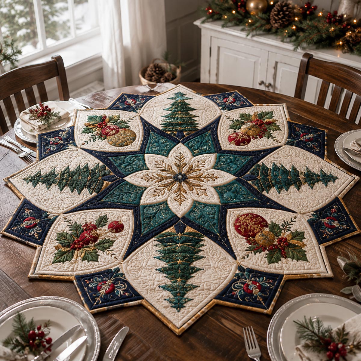 Christmas Tree Medallion Custom Shape Quilted Table Topper SN0DV349