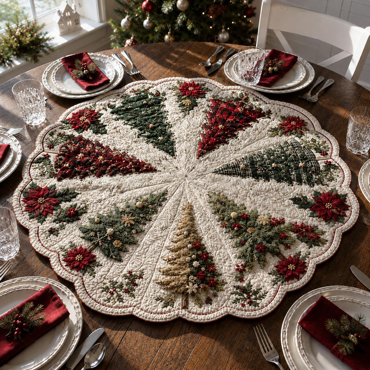 Christmas Tree Medallion Custom Shape Quilted Table Topper SN0DV417
