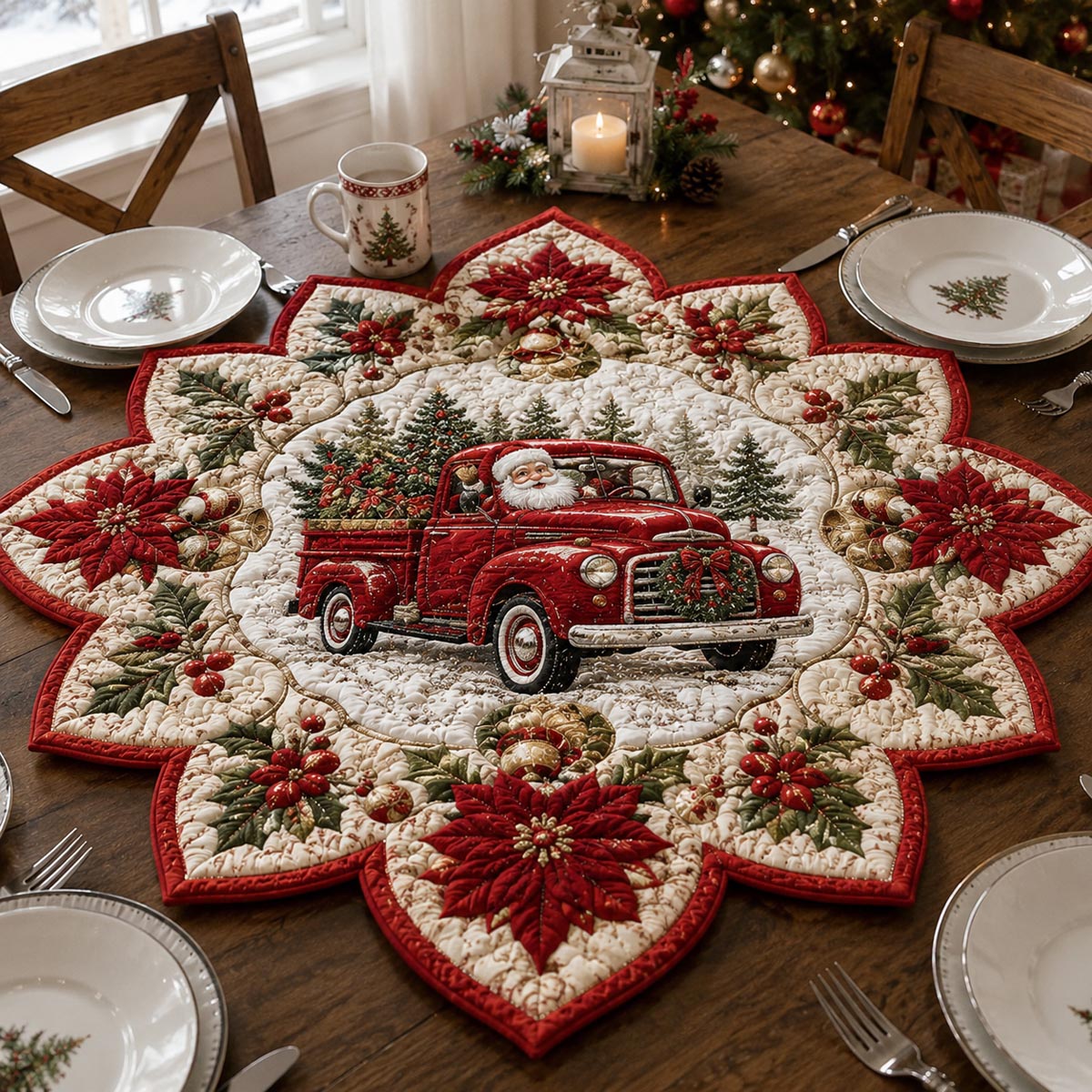 Christmas Truck Custom Shape Quilted Table Topper SN0DV311