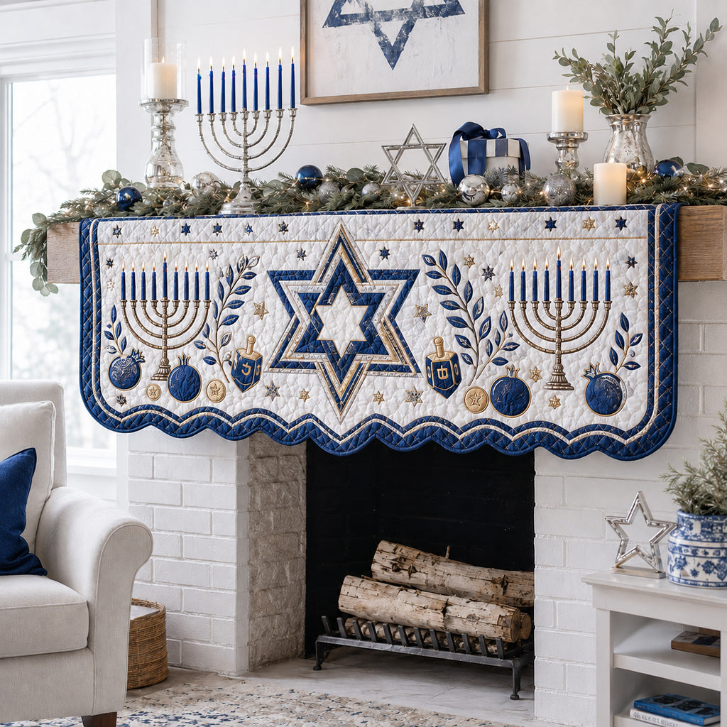 Classic Blue Hanukkah Quilted Mantel Scarf SN0HH0172