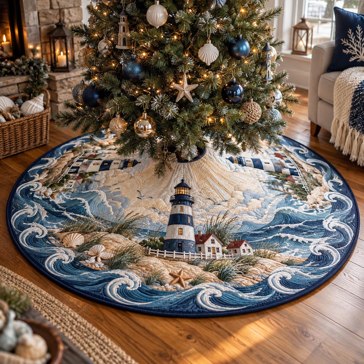 Classic Blue Lighthouse Christmas Quilted Tree Skirt SN0DV1191