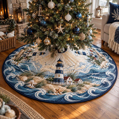 Classic Blue Lighthouse Christmas Quilted Tree Skirt SN0DV1191