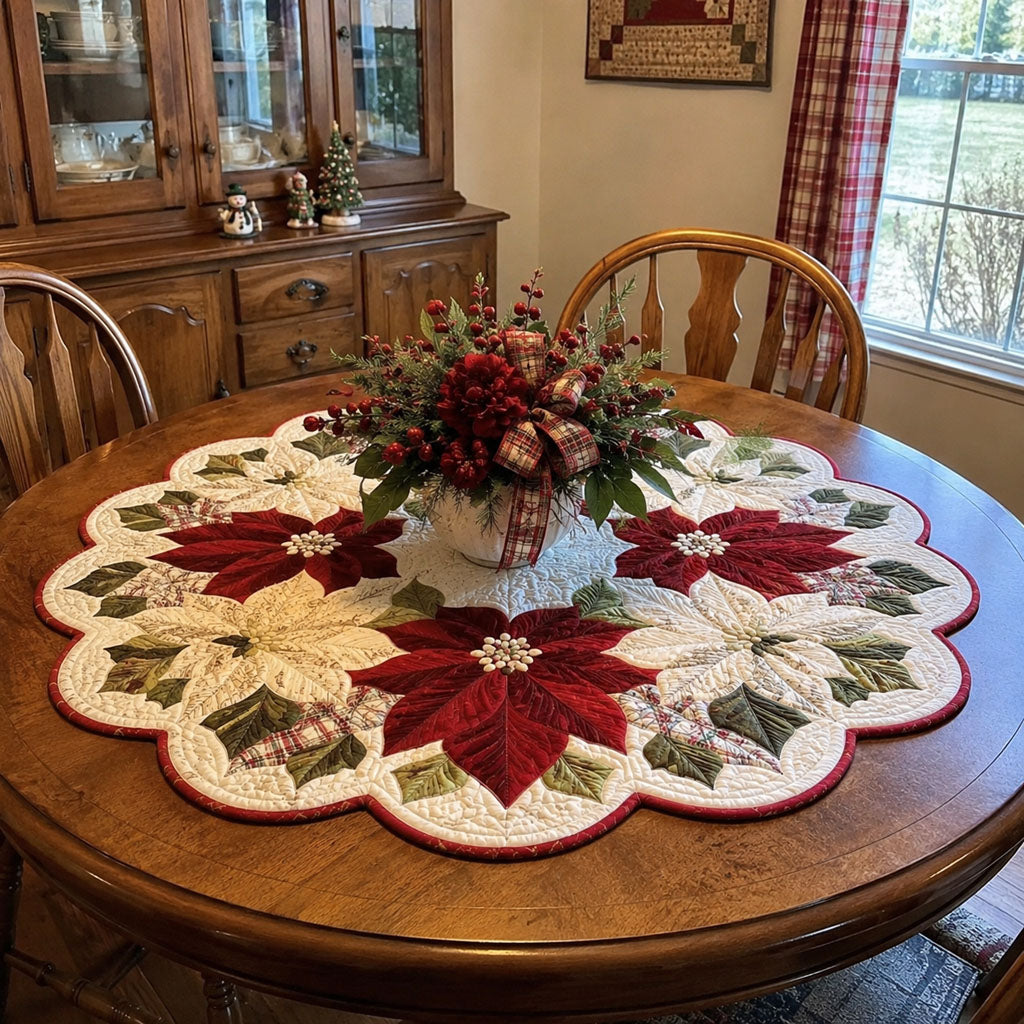 Classic Poinsettia Noel Custom Shape Quilted Table Topper SN0PT695