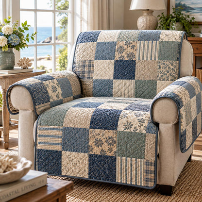Coastal Blue Squares Quilted Sofa Cover SN0DV1060