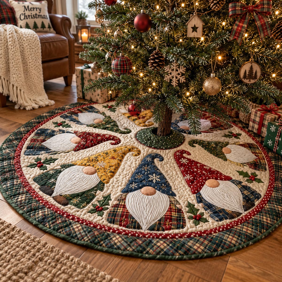 Colorful Gnome Gathering Christmas Quilted Tree Skirt SN0DV867