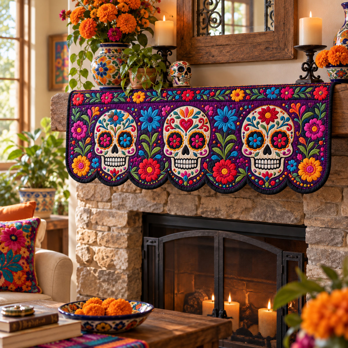 Colorful Sugar Skull Parade Quilted Mantel Scarf SN0DV629
