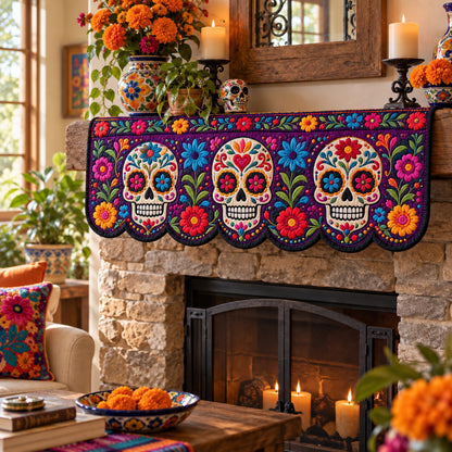 Colorful Sugar Skull Parade Quilted Mantel Scarf SN0DV629