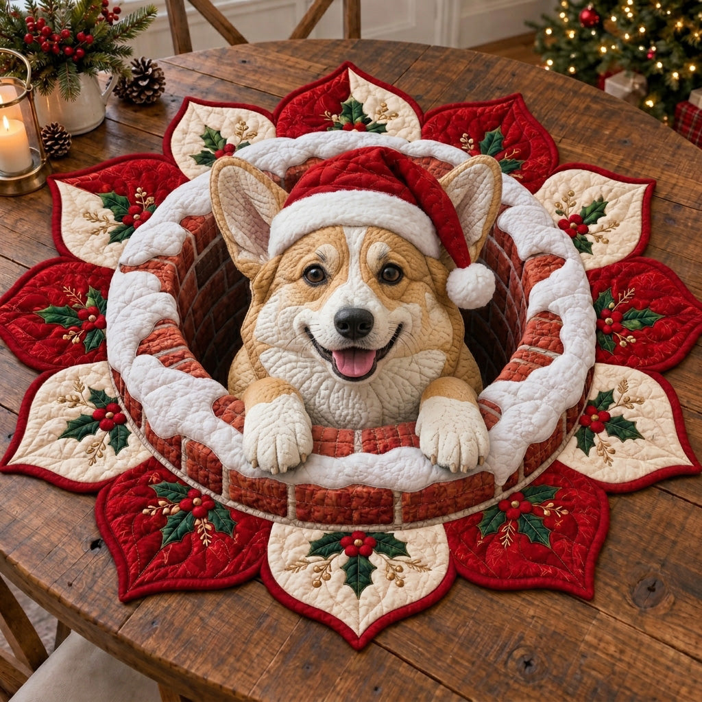Santa Chimney Pups Custom Shape Quilted Table Topper NCU0SN004