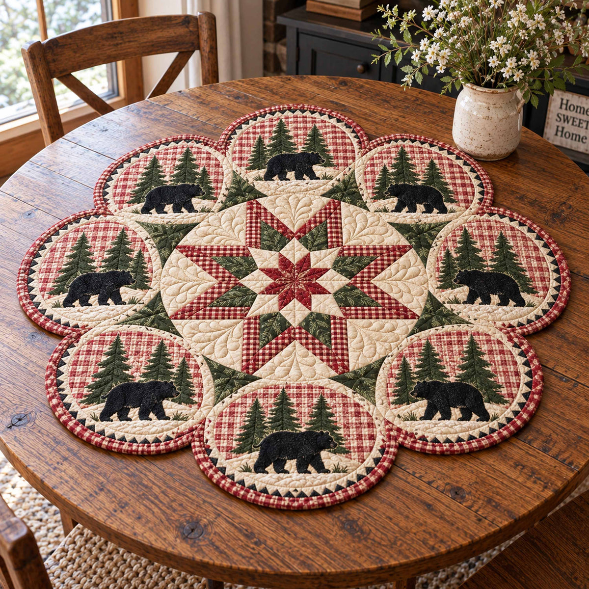 Cottage Bear Custom Shape Quilted Table Topper SN0TD1049