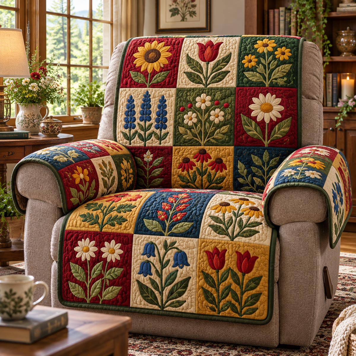 Country Wildflower Squares Quilted Sofa Cover SN0DV1084
