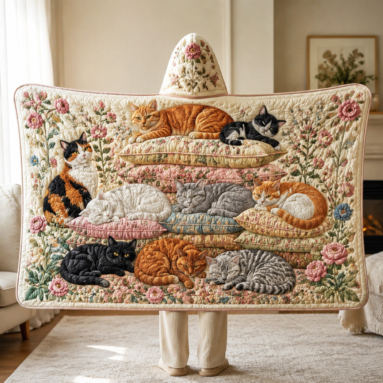 Cozy Cat Tales Quilted Hooded Blanket SN0TV069