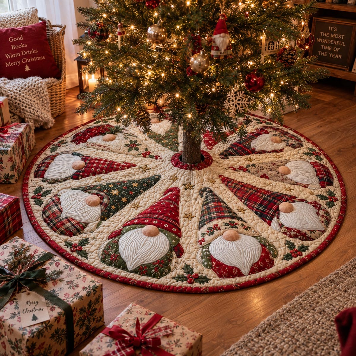 Cozy Gnome Parade Christmas Quilted Tree Skirt SN0DV869