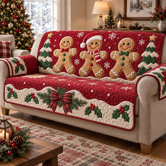 Crimson Gingerbread Pines Quilted Sofa Cover SN0HH0414