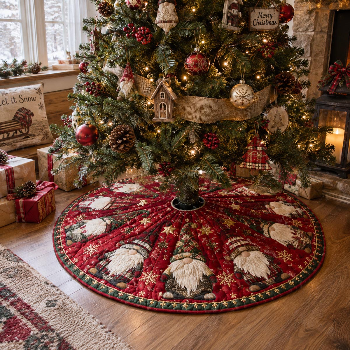 Crimson Gnome Cheer Christmas Quilted Tree Skirt SN0DV871