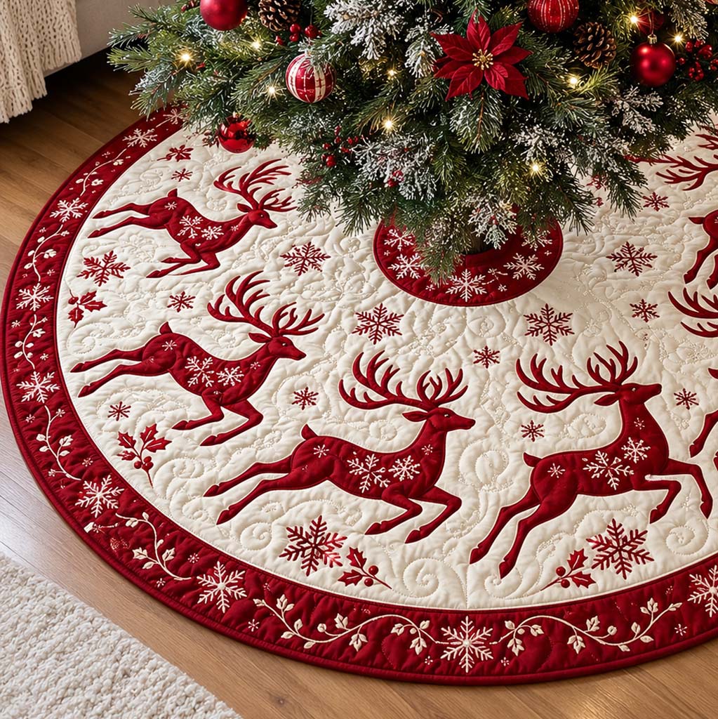 Crimson Leaping Reindeer Quilted Tree Skirt SN0HH1109