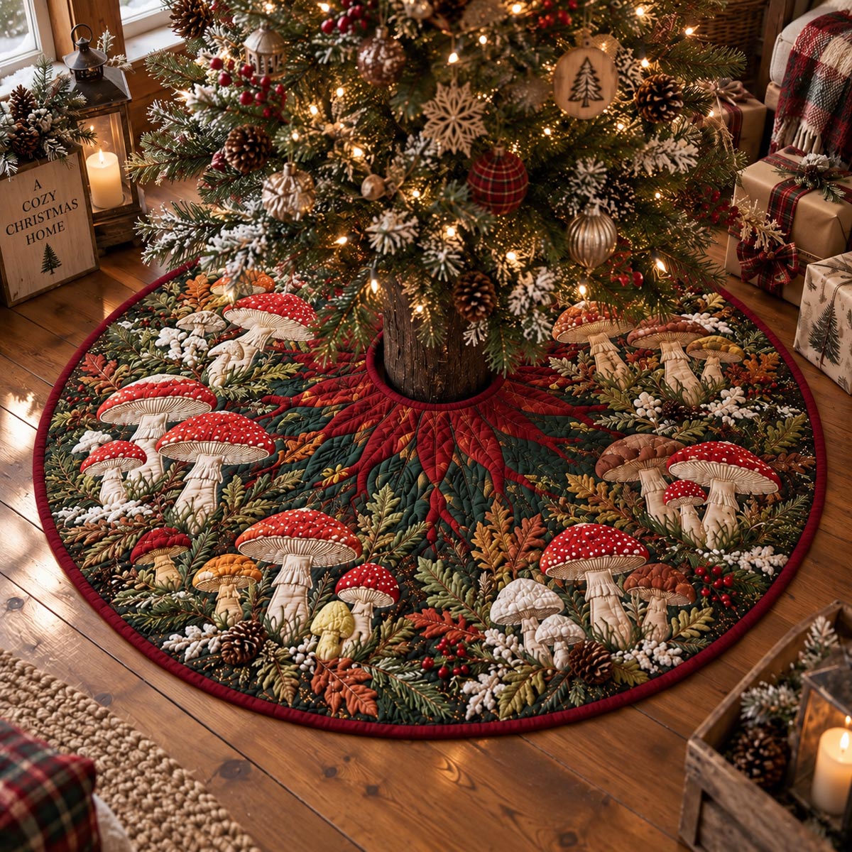 Crimson Mushroom Forest Christmas Quilted Tree Skirt SN0DV923
