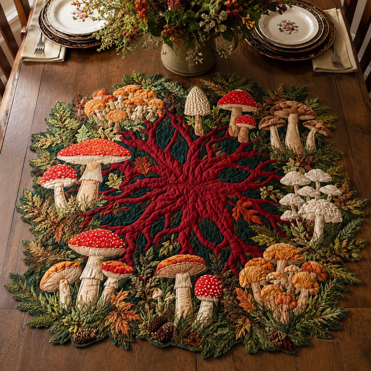 Crimson Mushroom Grove Custom Shape Quilted Table Topper SN0DV200
