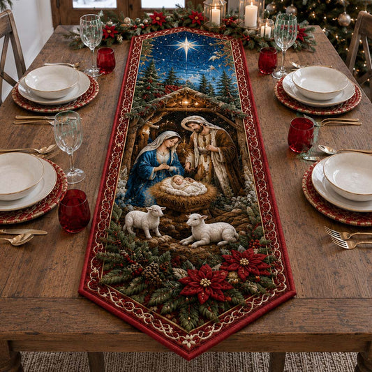 Crimson Nativity Bloom Custom Shape Quilted Table Runner SN0HH0264