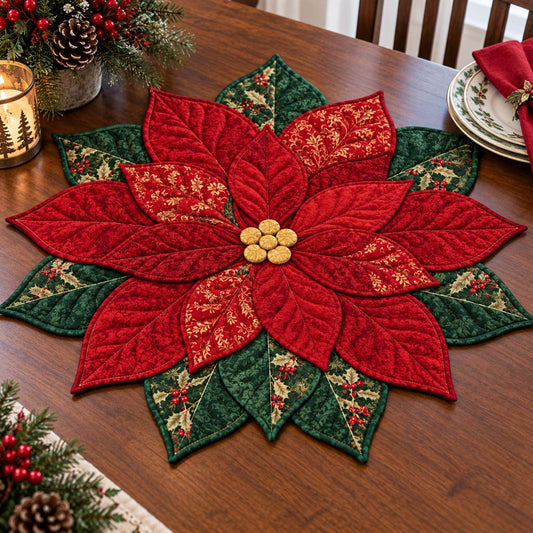 Crimson Poinsettia Bloom Custom Shape Quilted Table Topper SN0HH0311