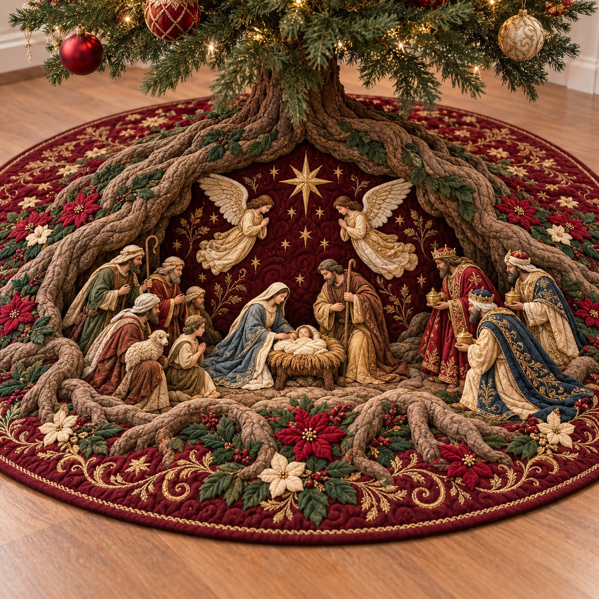 Crimson Poinsettia Nativity Quilted Tree Skirt SN0TV1071
